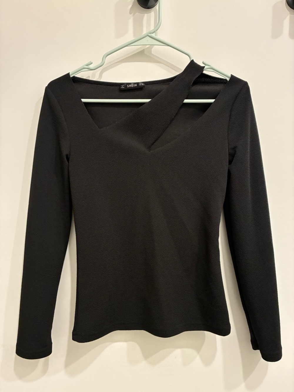 SHEIN Black Asymmetric Cutout Long Sleeve Top